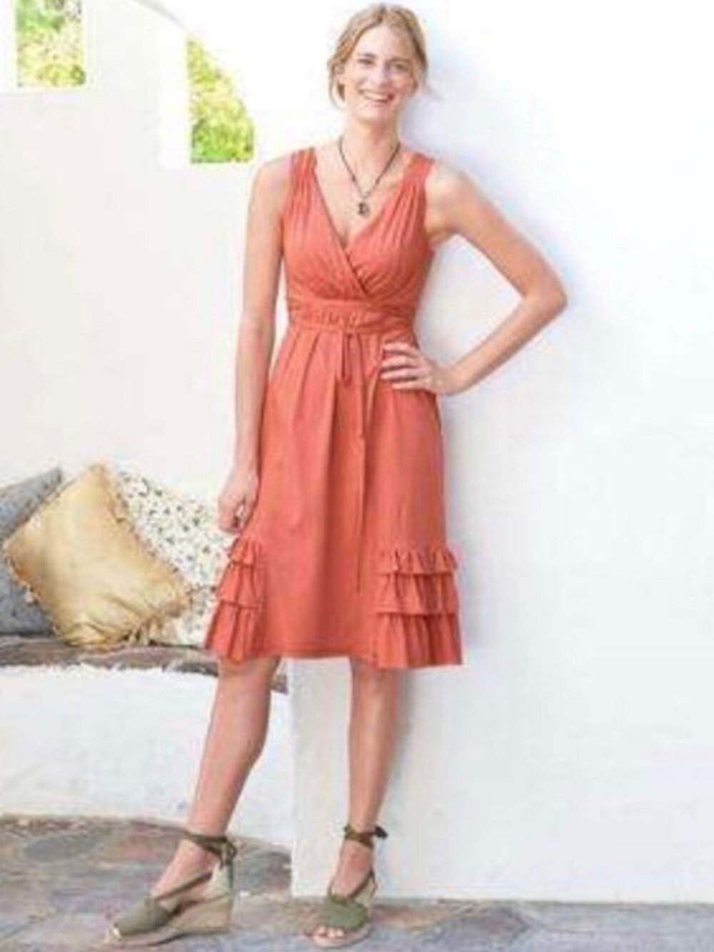 Sundance Rumba Coral Knit Midi Dress with Ruffles Size M